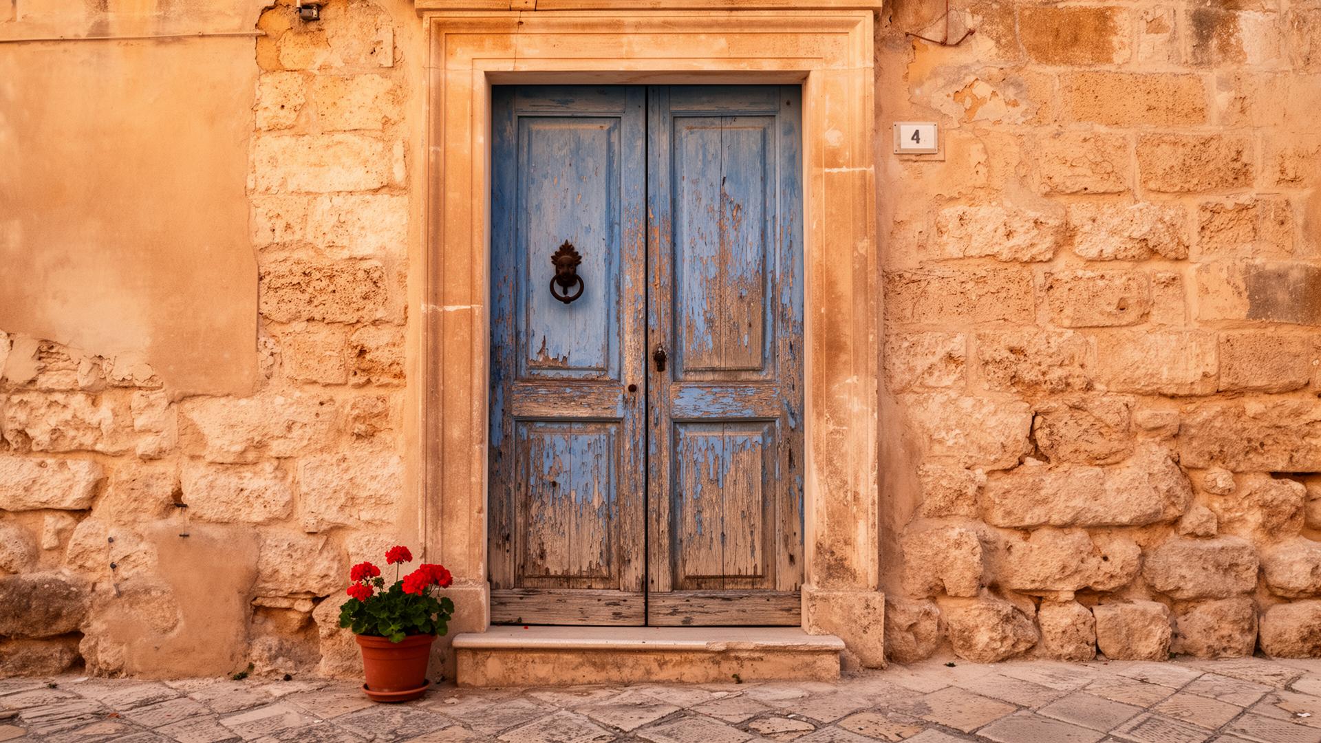 A weathered blue door on a honey-stone Sicilian house in Salemi