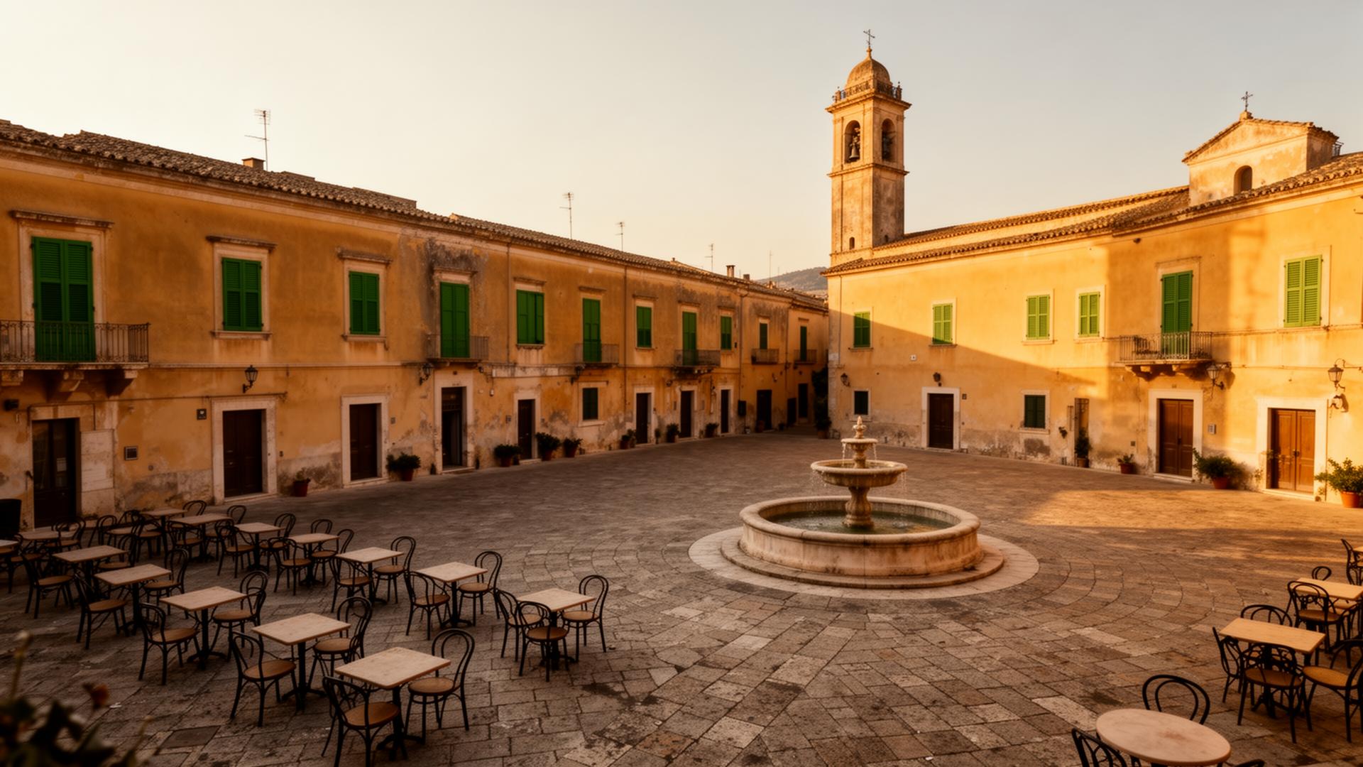 A quiet Sicilian piazza at late afternoon with empty café tables and a stone fountain